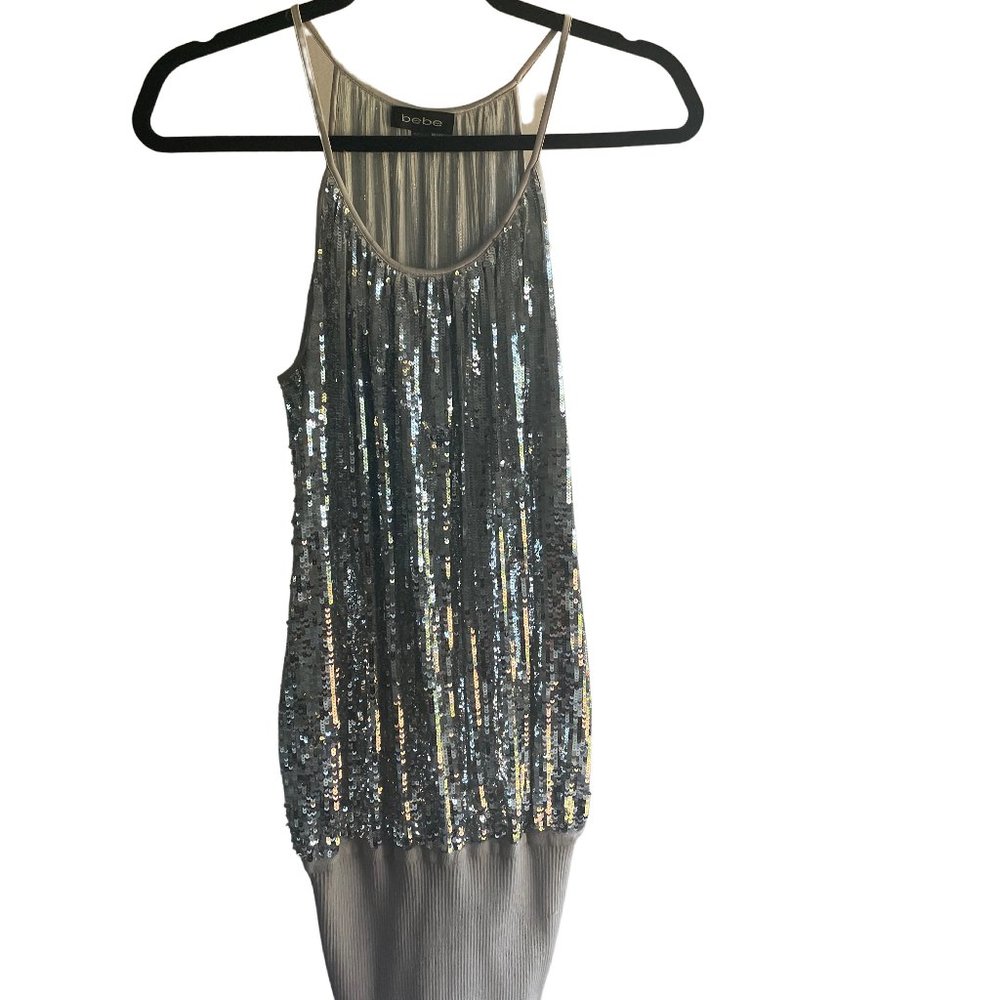 BeBe Size S, Spaghetti Strapped, Silver, Sequenced, Cocktail Party Dress